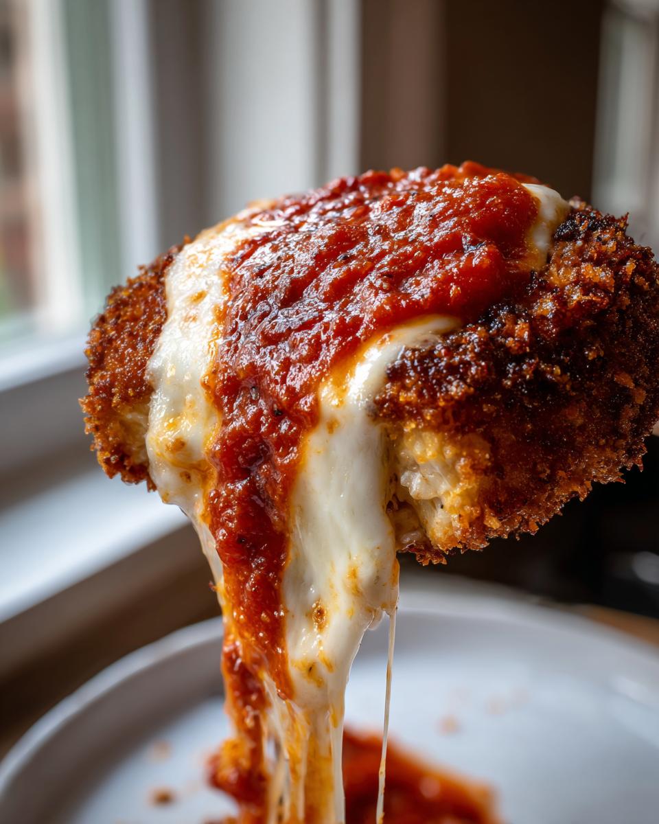Close-up of a crispy keto chicken parmesan cutlet being lifted, showing melted mozzarella cheese stretching dramatically with marinara sauce.