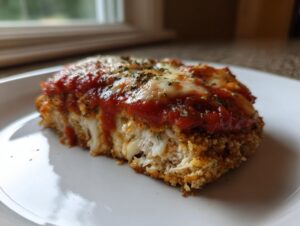 Close-up of a thick slice of keto chicken parmesan showing crispy coating, white chicken meat, marinara sauce, and melted mozzarella cheese.