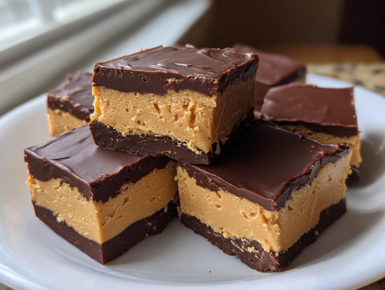 Several squares of rich buckeye fudge showing distinct layers of chocolate base, peanut butter filling, and chocolate topping.