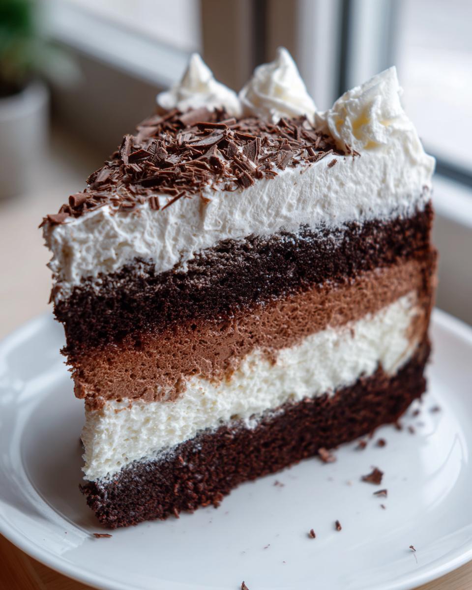 A tall slice of layered chocolate cake with white and brown mousse, topped with whipped cream and chocolate shavings, resembling an italian love cake.