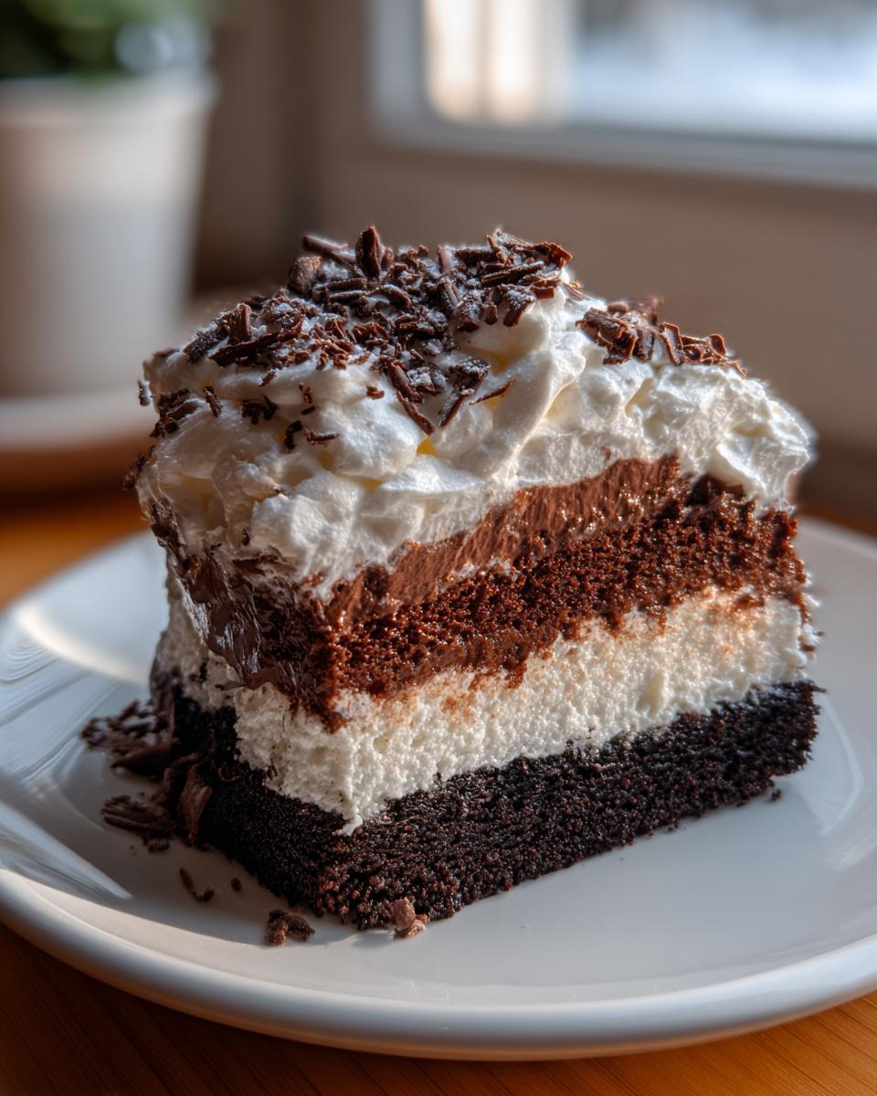A decadent slice of layered chocolate Italian love cake topped with whipped cream and chocolate shavings.