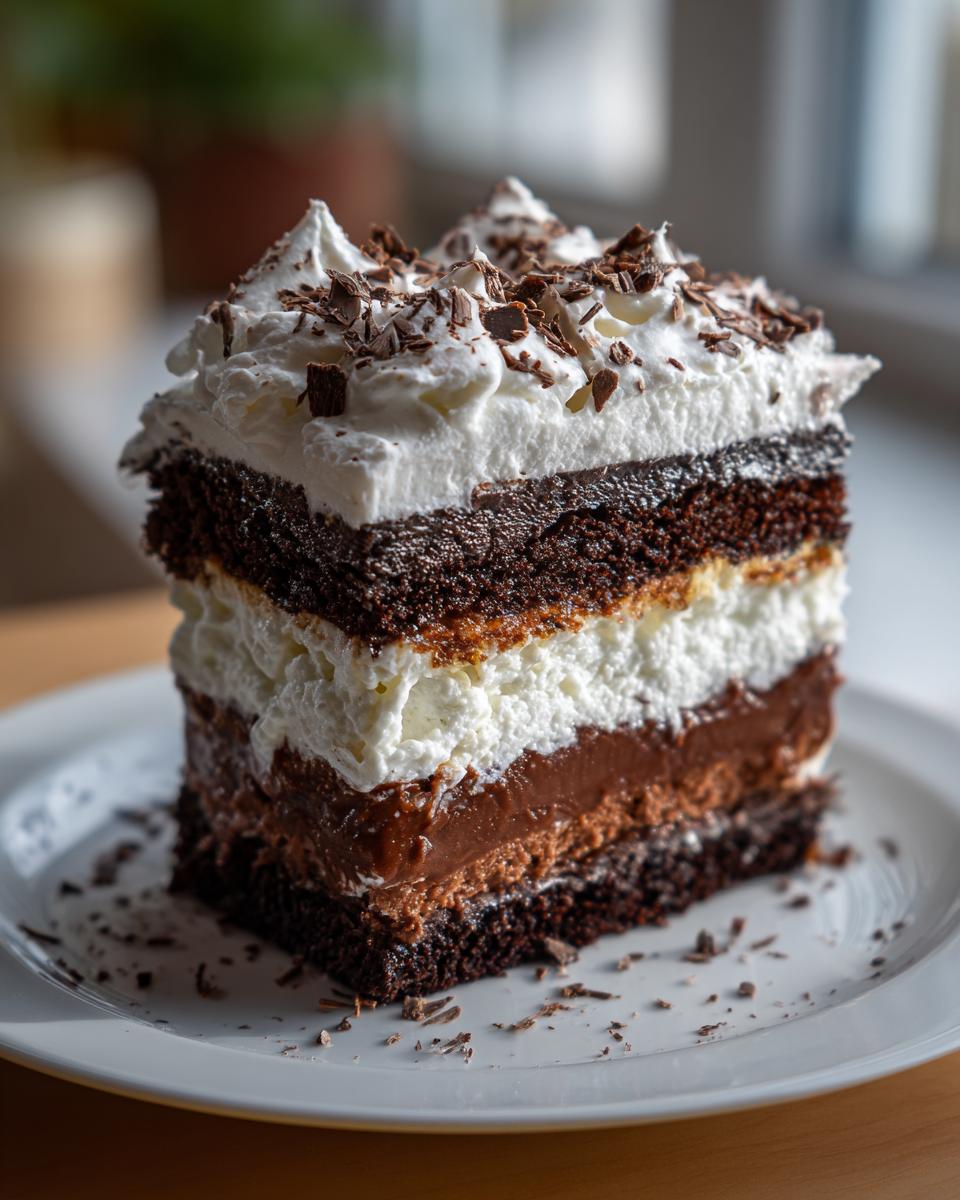 A tall slice of rich, layered chocolate Italian love cake topped with whipped cream and chocolate shavings.