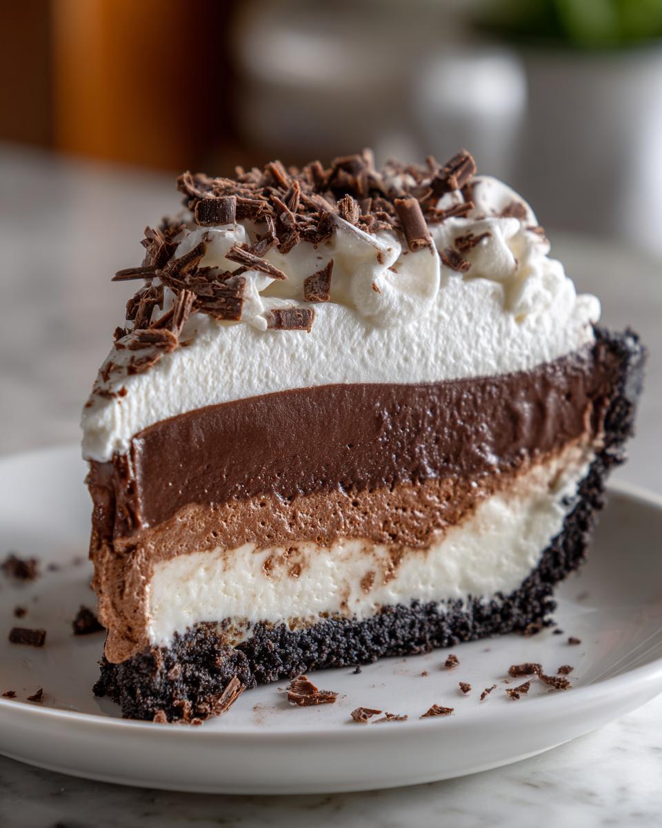 A decadent slice of layered chocolate mud pie featuring a dark crust, white layer, two chocolate layers, and topped with whipped cream and chocolate shavings.
