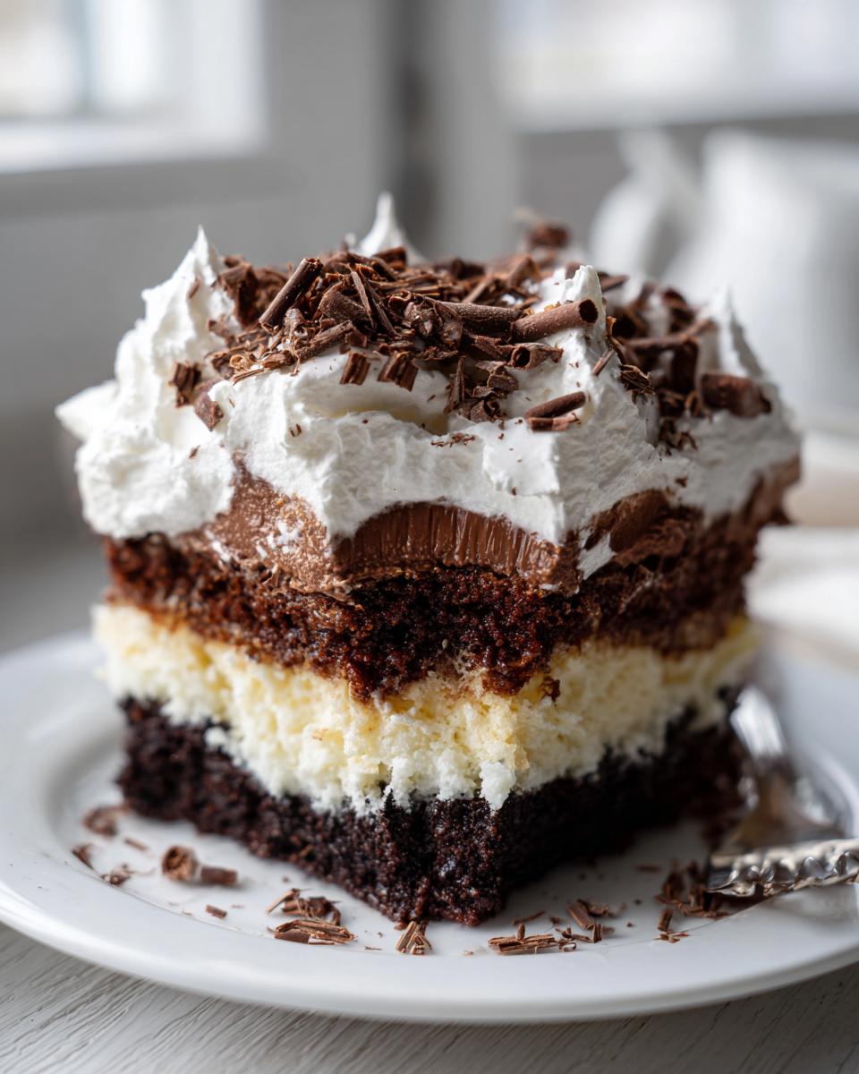 A decadent slice of Italian love cake showing four distinct layers, topped with whipped cream and chocolate shavings.