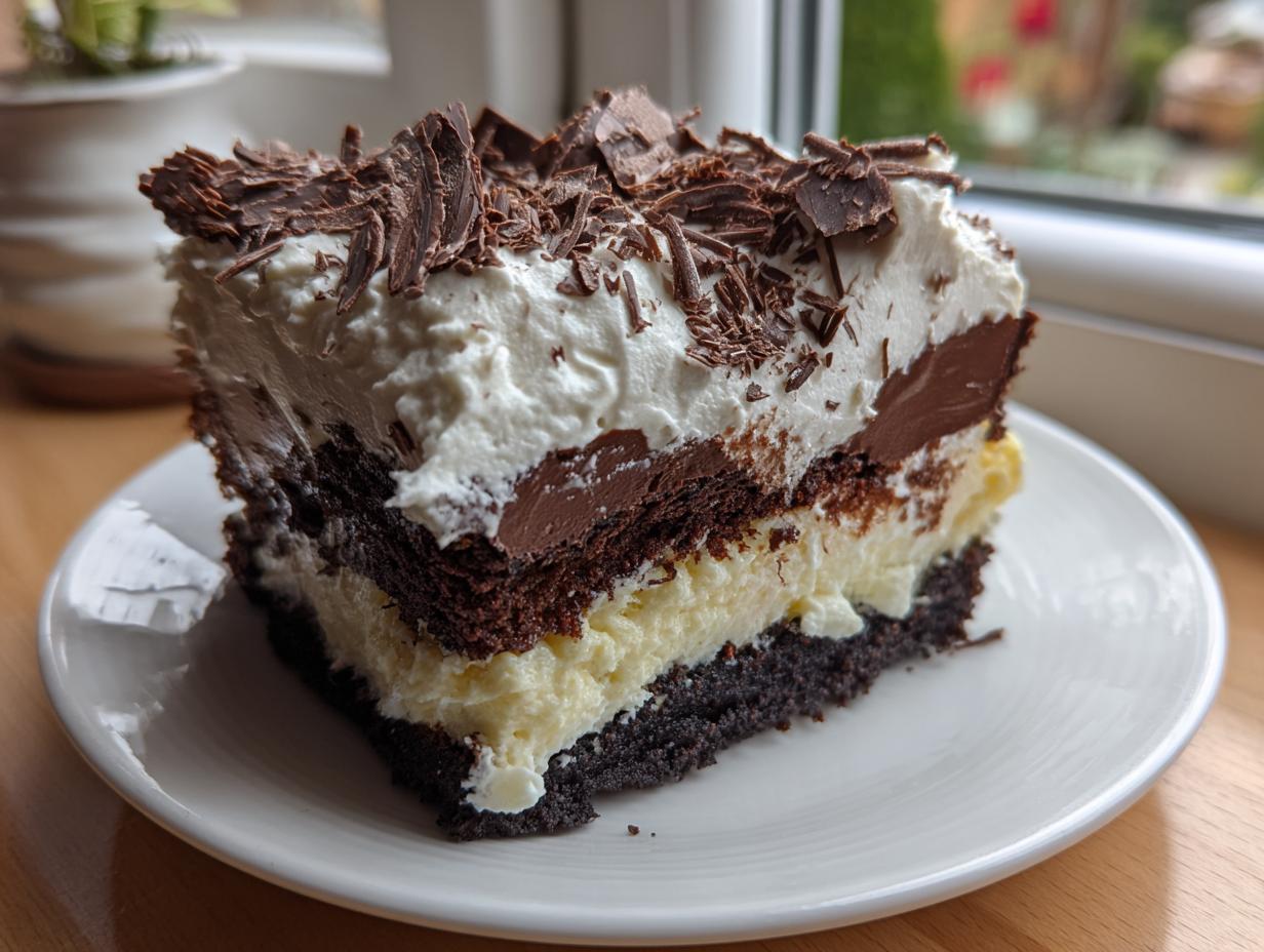 A rich, layered slice of italian love cake featuring chocolate cake, cream, and topped with whipped cream and dark chocolate shavings.