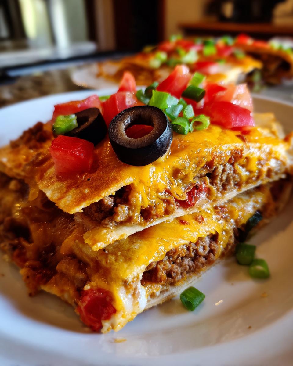 A close-up view of a slice of Mexican pizza, showing layers of seasoned beef, melted cheese, topped with diced tomatoes, green onions, and black olives.