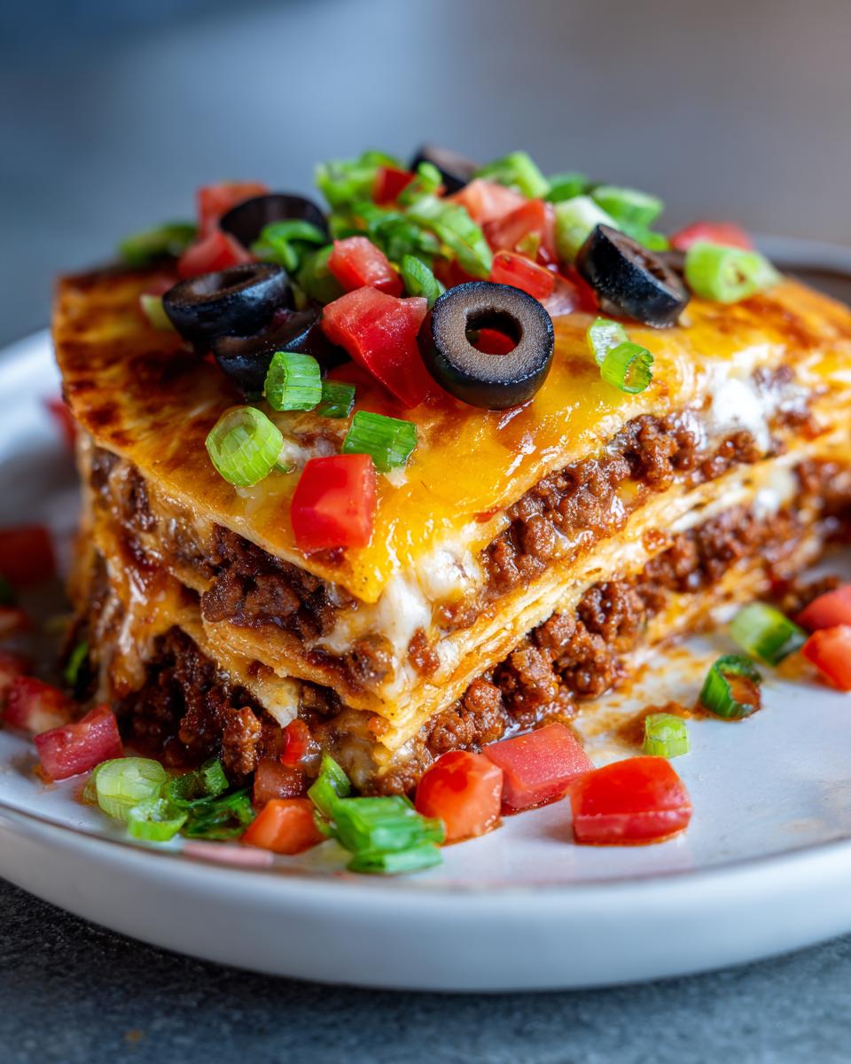 Close-up of a layered slice of Mexican pizza showing ground beef, melted cheese, and topped with black olives and diced tomatoes.