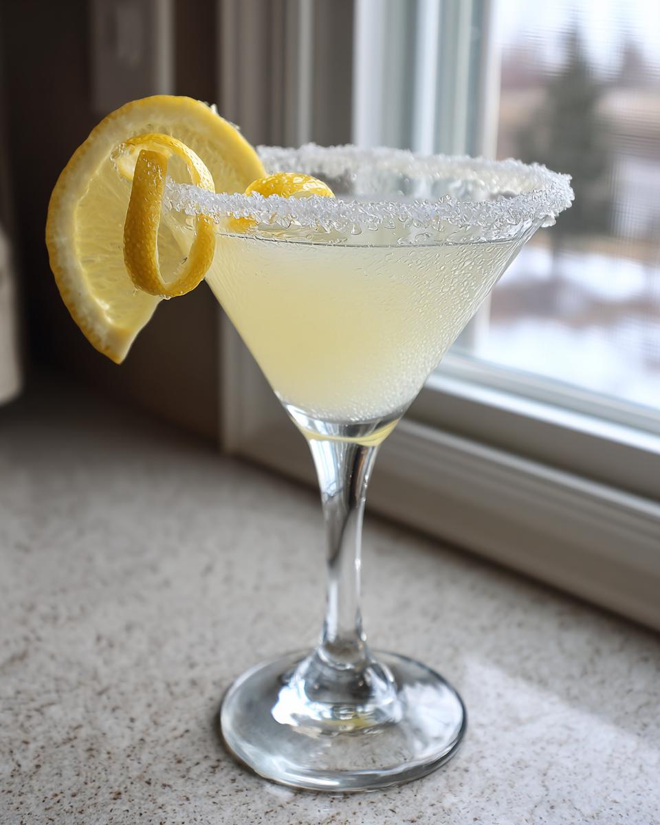 A chilled lemon drop cocktail in a sugar-rimmed martini glass, garnished with a lemon wheel and twist.