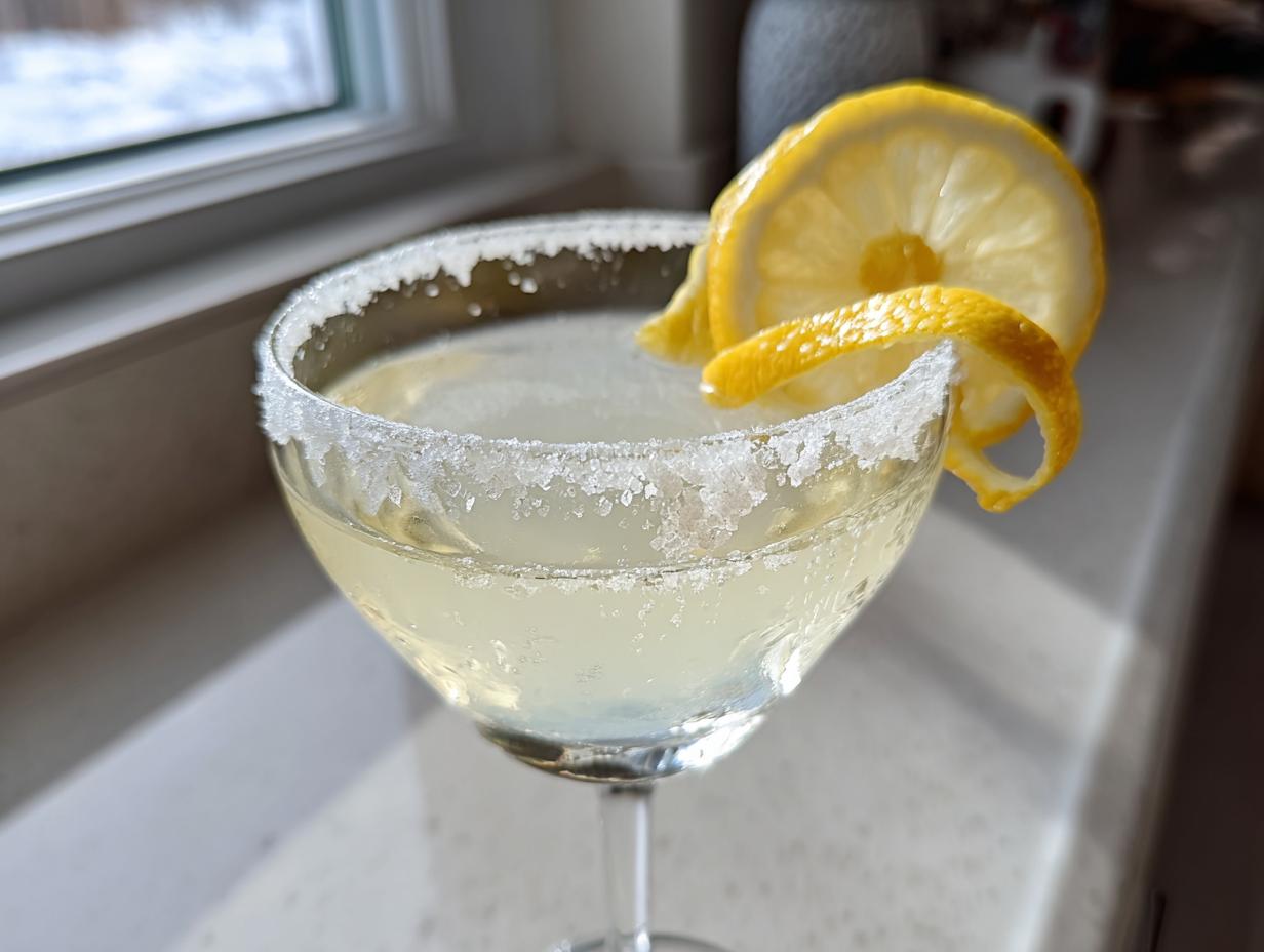 A chilled lemon drop cocktail in a coupe glass with a thick sugar rim and a lemon twist garnish.