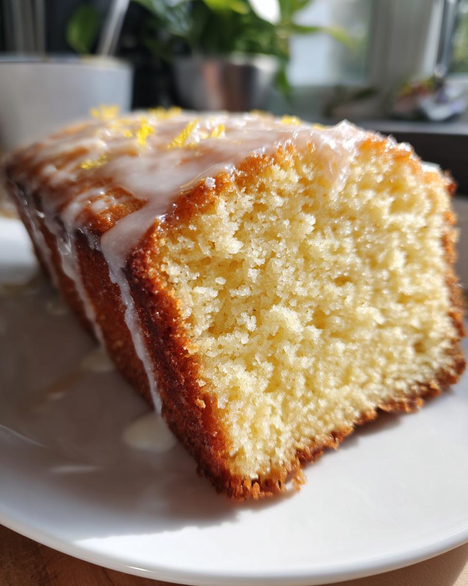 Close-up of a moist slice of lemon olive oil cake topped with white glaze and zest.