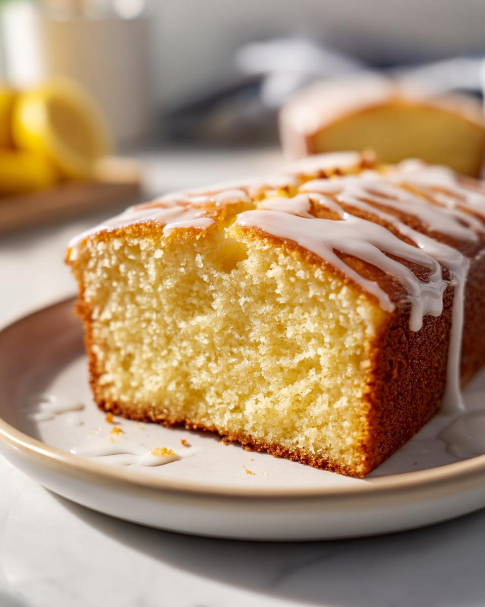 Close-up of a moist slice of lemon olive oil cake drizzled with white glaze on a plate.