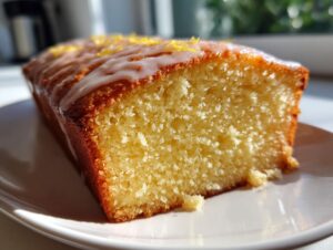 Close-up of a moist slice of lemon olive oil cake topped with white glaze and zest.