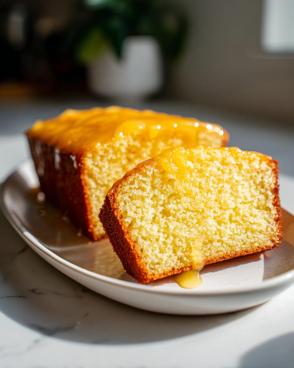Two slices of moist lemon olive oil cake topped with a bright yellow glaze, served on a white dish.
