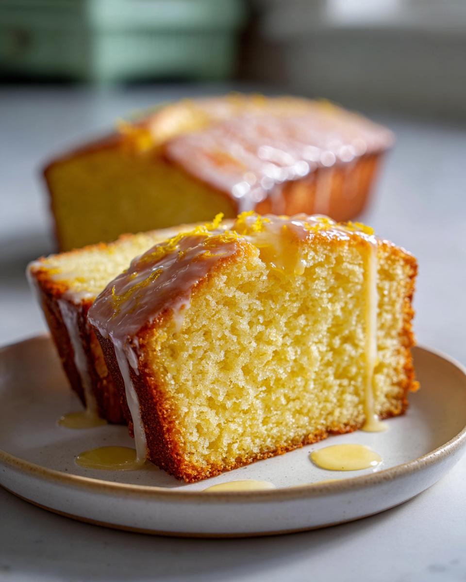 Two slices of moist lemon olive oil cake topped with a thick lemon glaze and zest.
