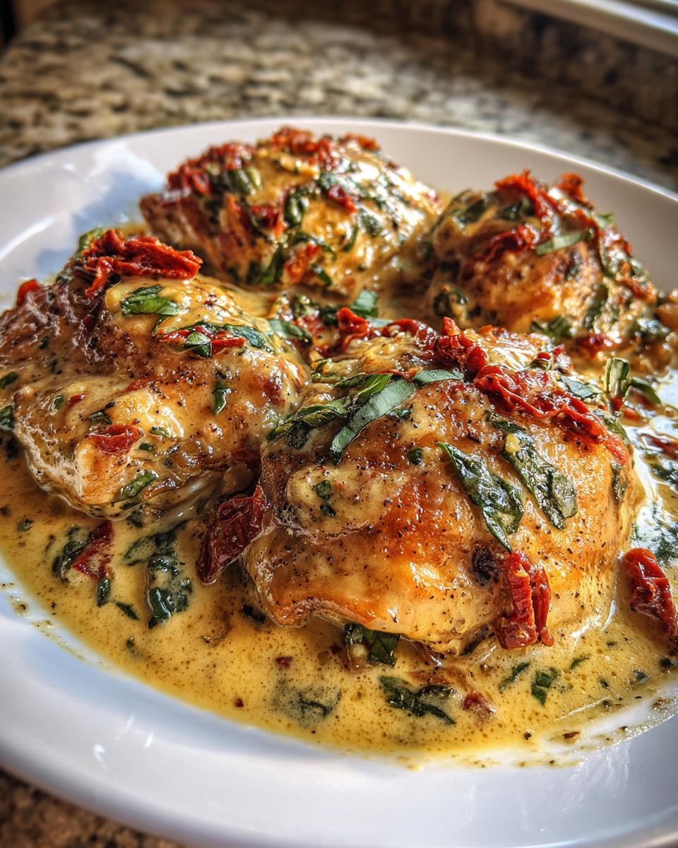 Close-up of four golden-brown chicken breasts smothered in a creamy sauce with sun-dried tomatoes and basil, the signature Marry Me Chicken.