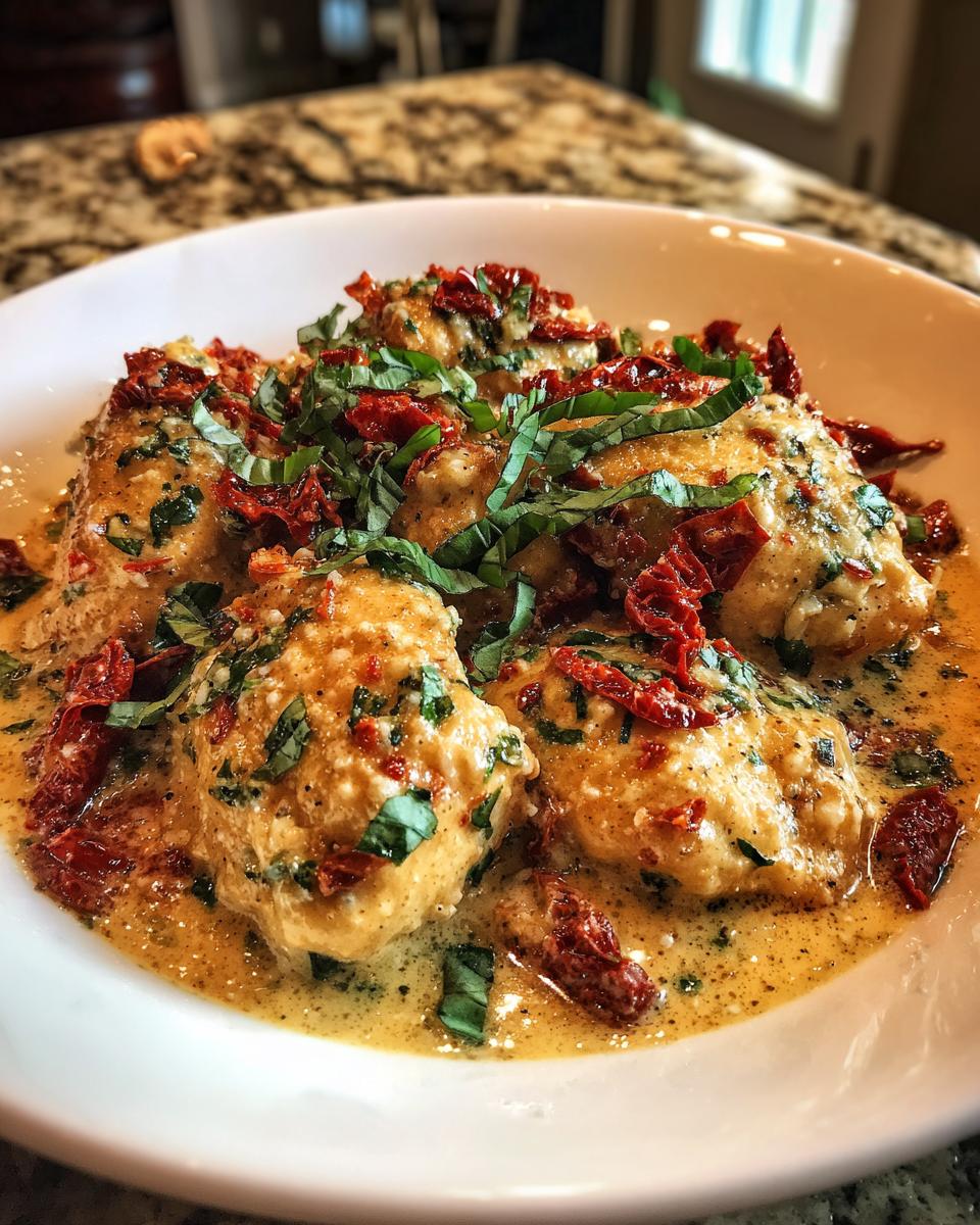 Close-up of creamy Marry Me Chicken topped with sun-dried tomatoes and fresh basil.