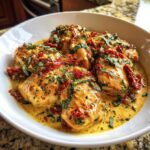 Close-up of several pieces of Marry Me Chicken smothered in a creamy sauce, topped with sun-dried tomatoes and fresh basil.