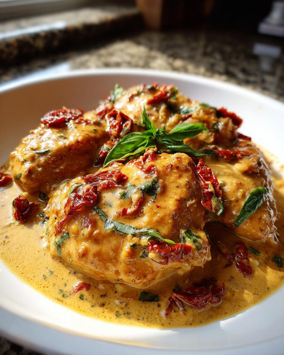 Close-up of Marry Me Chicken breasts smothered in a creamy, golden sauce with sun-dried tomatoes and fresh basil.