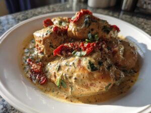 Close-up of several chicken breasts smothered in a creamy sauce with spinach and sun-dried tomatoes, a perfect Marry Me Chicken dish.