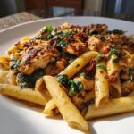 A close-up, appetizing shot of Marry Me Chicken Pasta featuring penne, seared chicken pieces, wilted spinach, and sun-dried tomatoes.