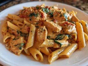 A close-up of a serving of Marry Me Chicken Pasta featuring penne, chicken pieces, and a creamy tomato sauce with spinach.