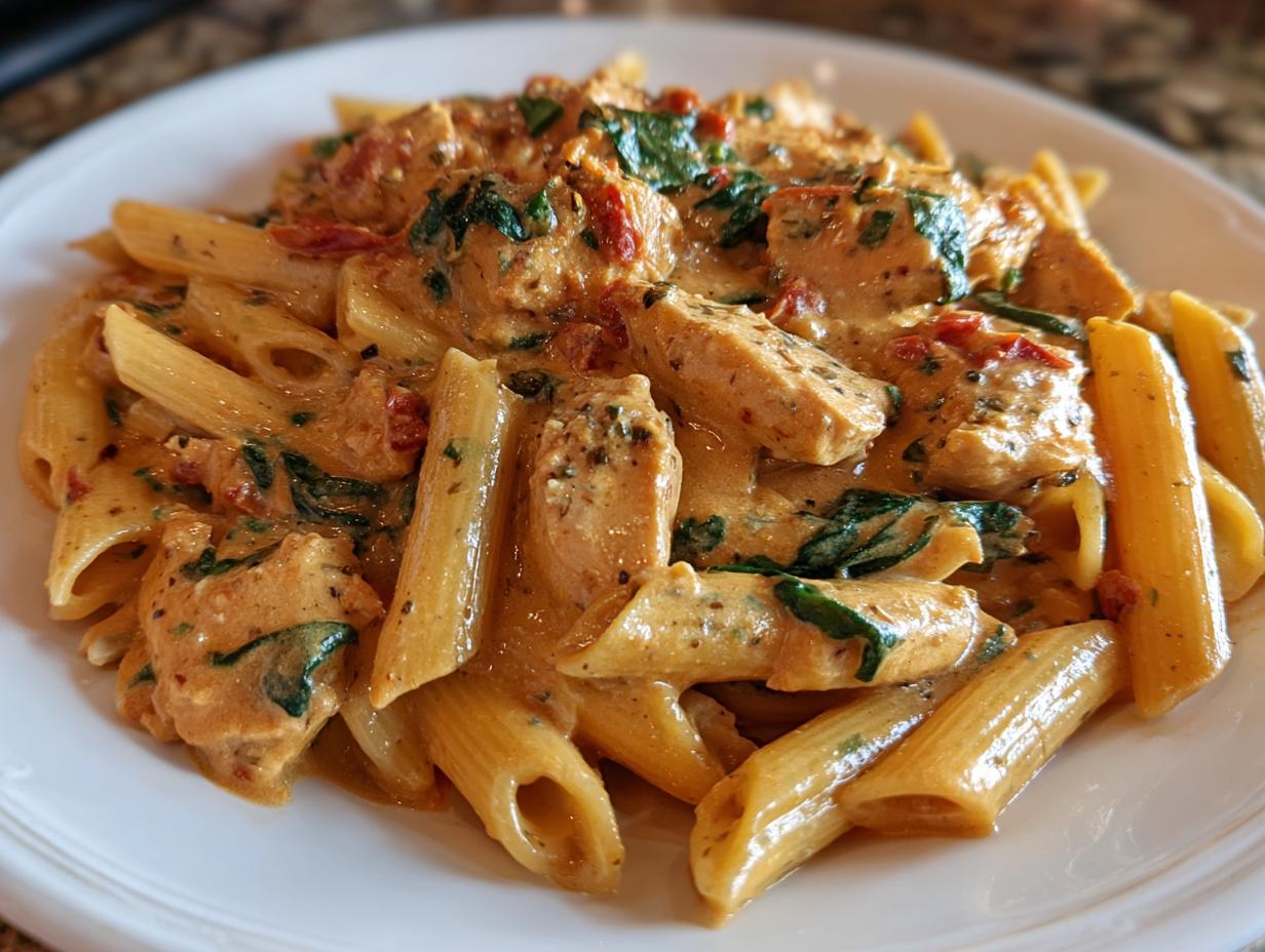 A close-up of a serving of Marry Me Chicken Pasta featuring penne, chicken pieces, and a creamy tomato sauce with spinach.