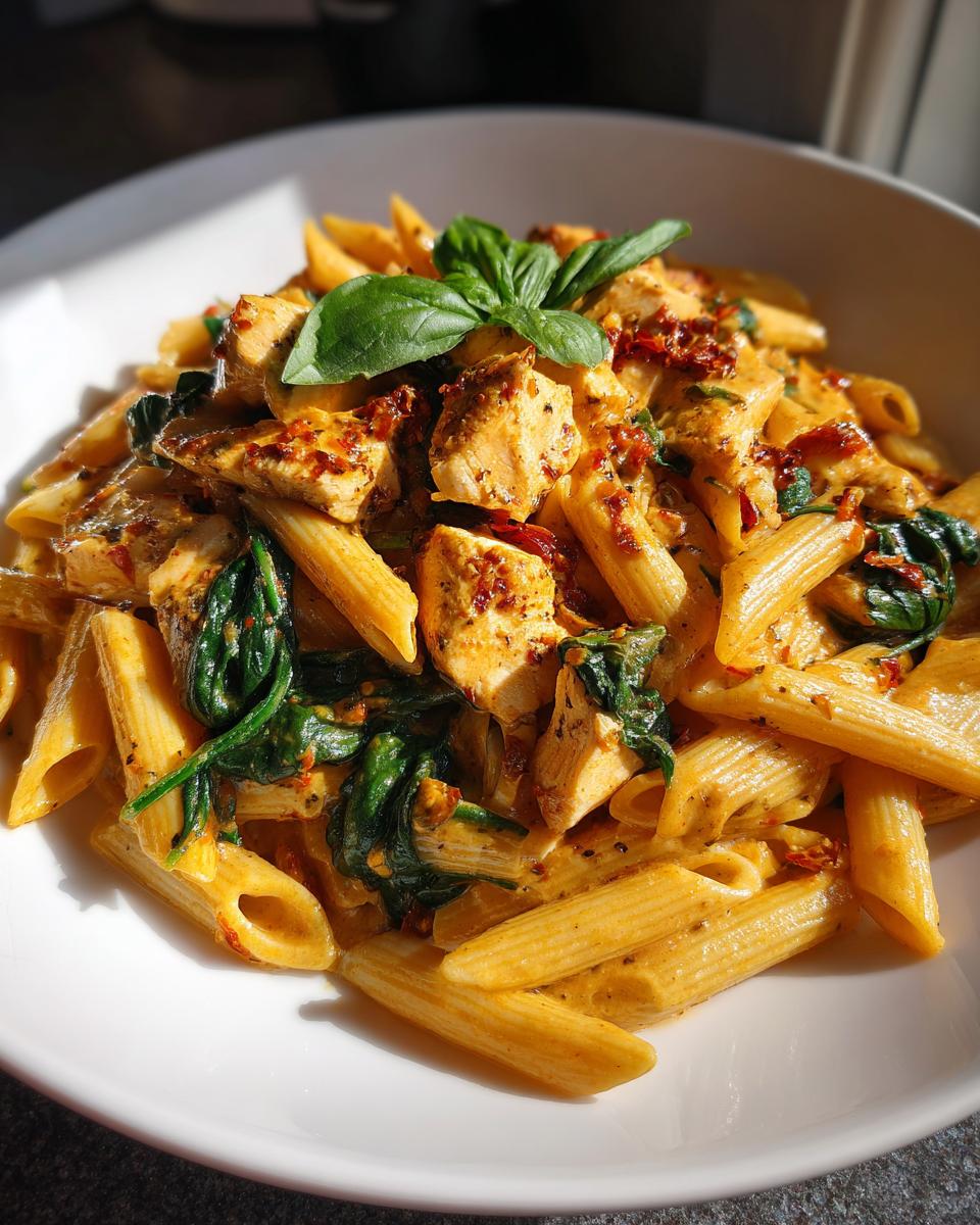 Close-up of a bowl of Marry Me Chicken Pasta featuring penne, creamy sauce, chicken pieces, spinach, and basil garnish.
