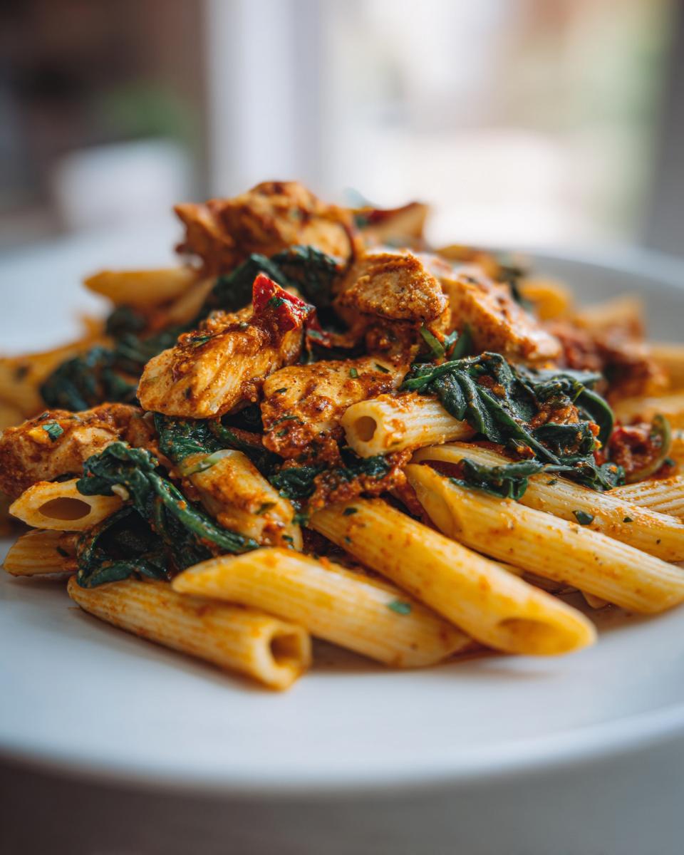A close-up serving of Marry Me Chicken Pasta featuring penne, seasoned chicken pieces, and wilted spinach in a creamy sauce.