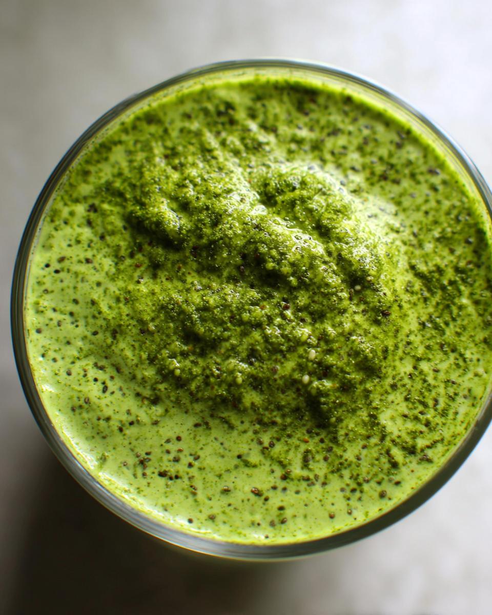 Overhead close-up view of thick, bright green matcha chia pudding showing visible chia seeds.
