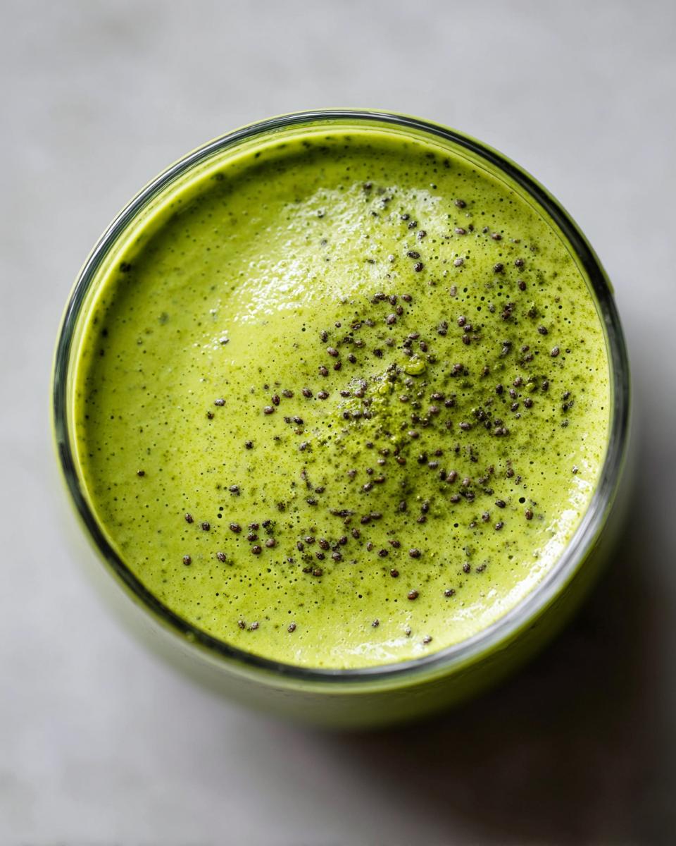 Overhead view of bright green matcha chia pudding topped generously with whole chia seeds.