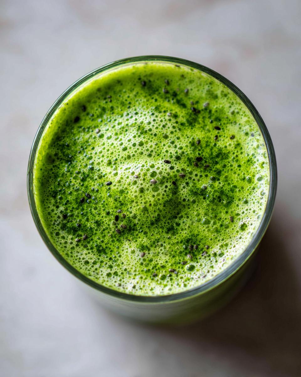 Overhead view of vibrant green matcha chia pudding with floating chia seeds and foam.