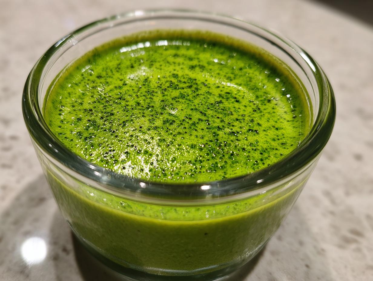 Close-up of vibrant green matcha chia pudding in a small clear glass bowl, showing fine bubbles on the surface.
