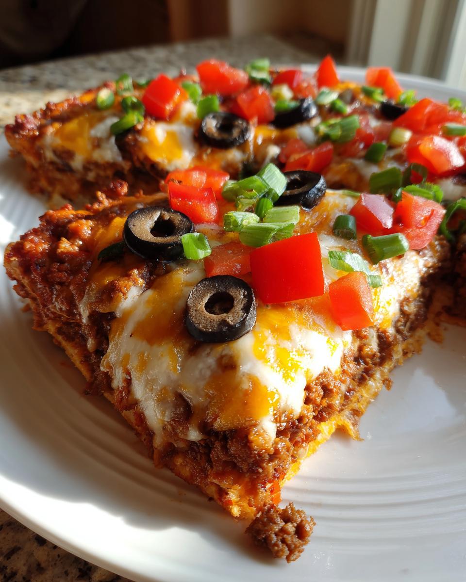 Close-up of a thick slice of Mexican pizza showing layers of seasoned beef, melted cheese, tomatoes, olives, and green onions.