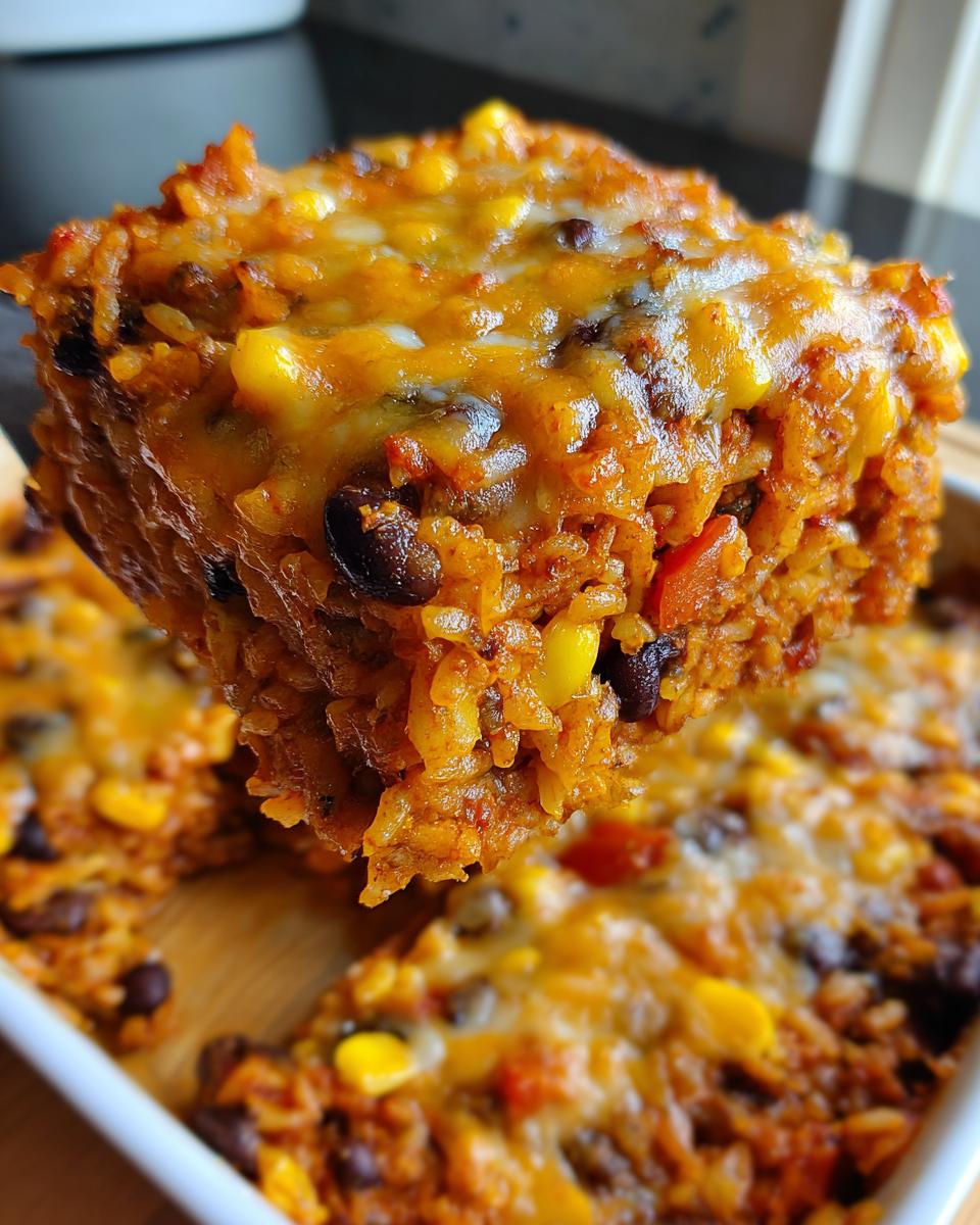 Close-up of a serving spoon lifting a cheesy portion of Mexican rice casserole containing black beans and corn.