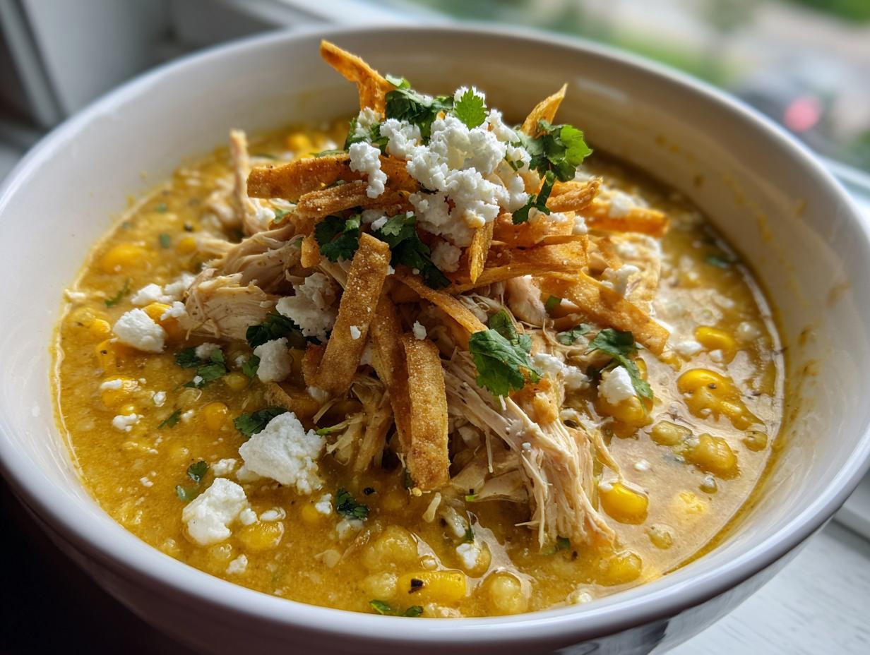A close-up of a hearty bowl of Mexican street corn soup topped with shredded chicken, crispy tortilla strips, cotija cheese, and cilantro.