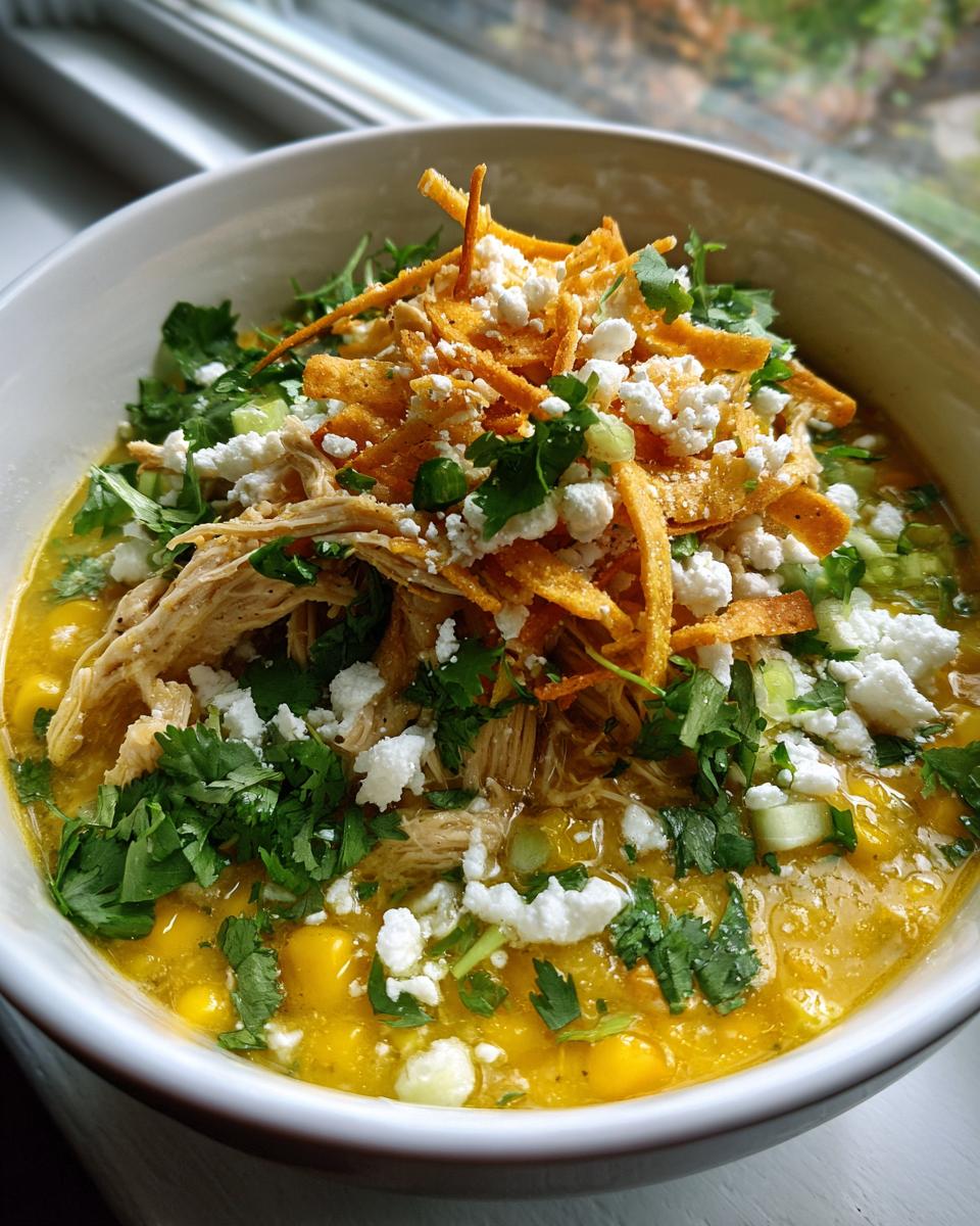A close-up of a hearty bowl of mexican street corn soup topped with shredded chicken, cotija cheese, cilantro, and tortilla strips.