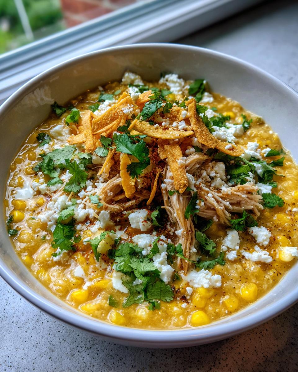 A close-up of a hearty bowl of mexican street corn soup topped with shredded chicken, cotija cheese, cilantro, and tortilla strips.