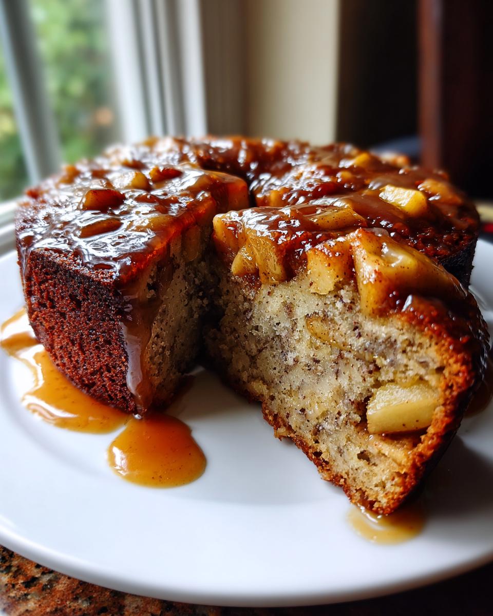 A slice cut from a moist apple dapple cake topped with chunky caramelized apples and sauce.