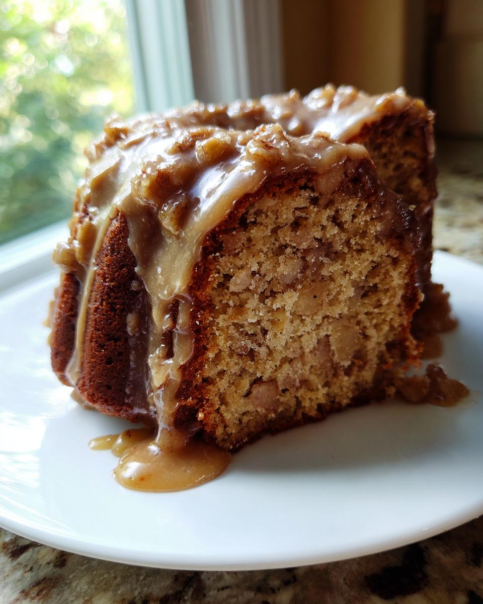 Close-up of a moist slice of apple dapple cake topped with a thick, dripping caramel pecan glaze.