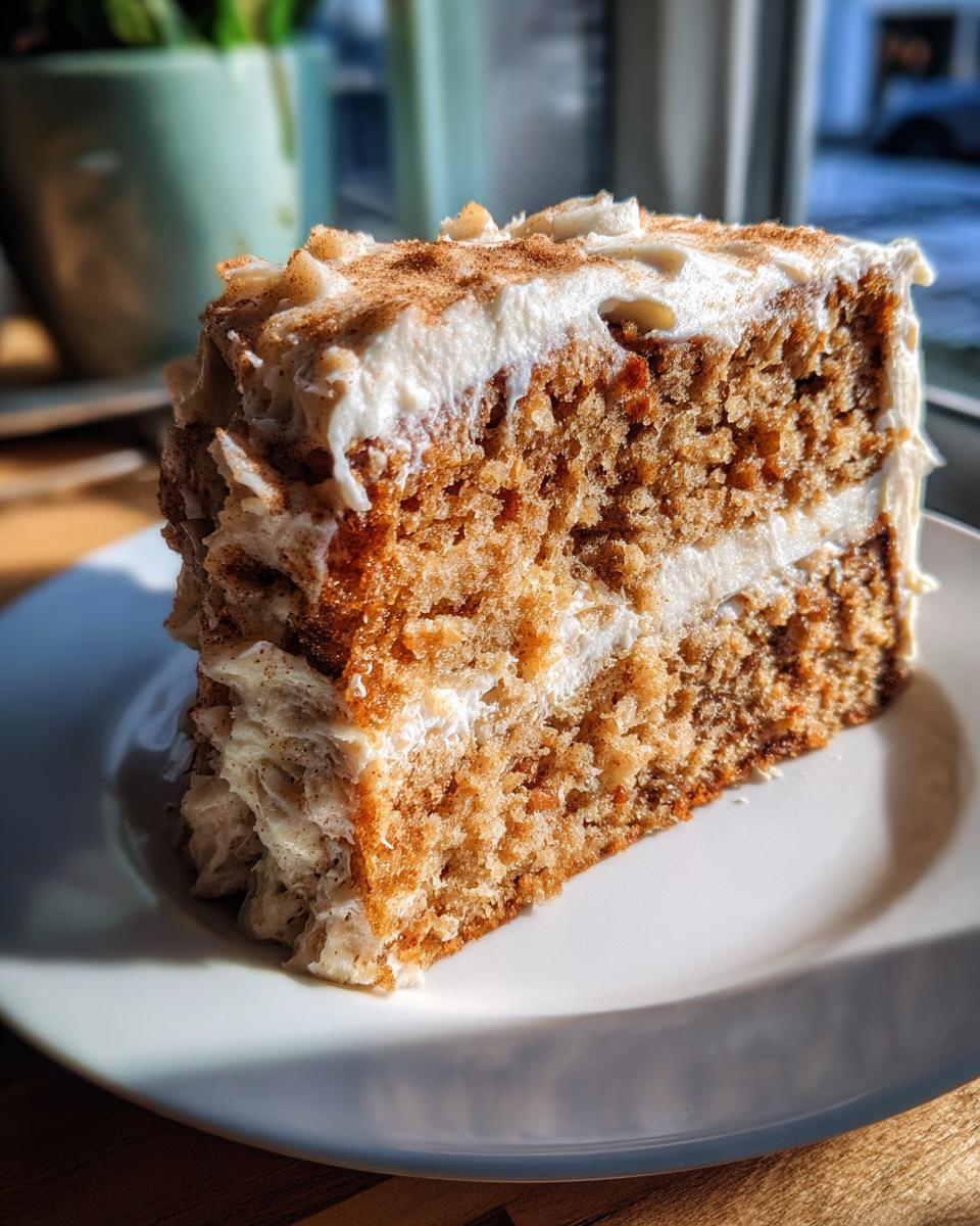 A tall, moist slice of applesauce cake layered with cream cheese frosting and dusted with cinnamon.