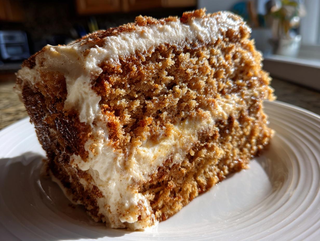 Close-up of a moist slice of applesauce cake layered with thick cream cheese frosting, dusted with cinnamon.