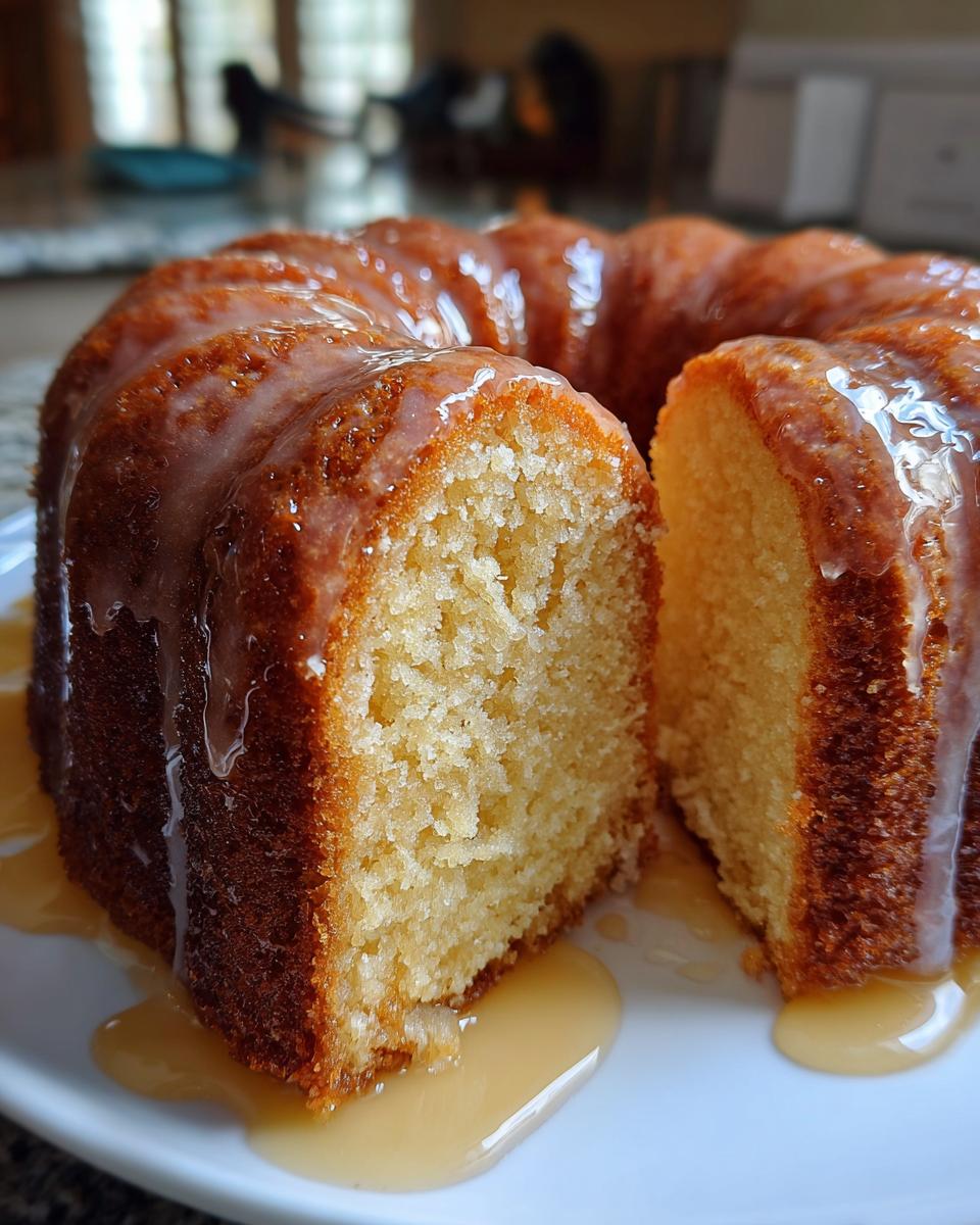 Close-up of a moist Bacardi Rum Cake in a bundt shape, with a slice removed, covered in a rich rum glaze.