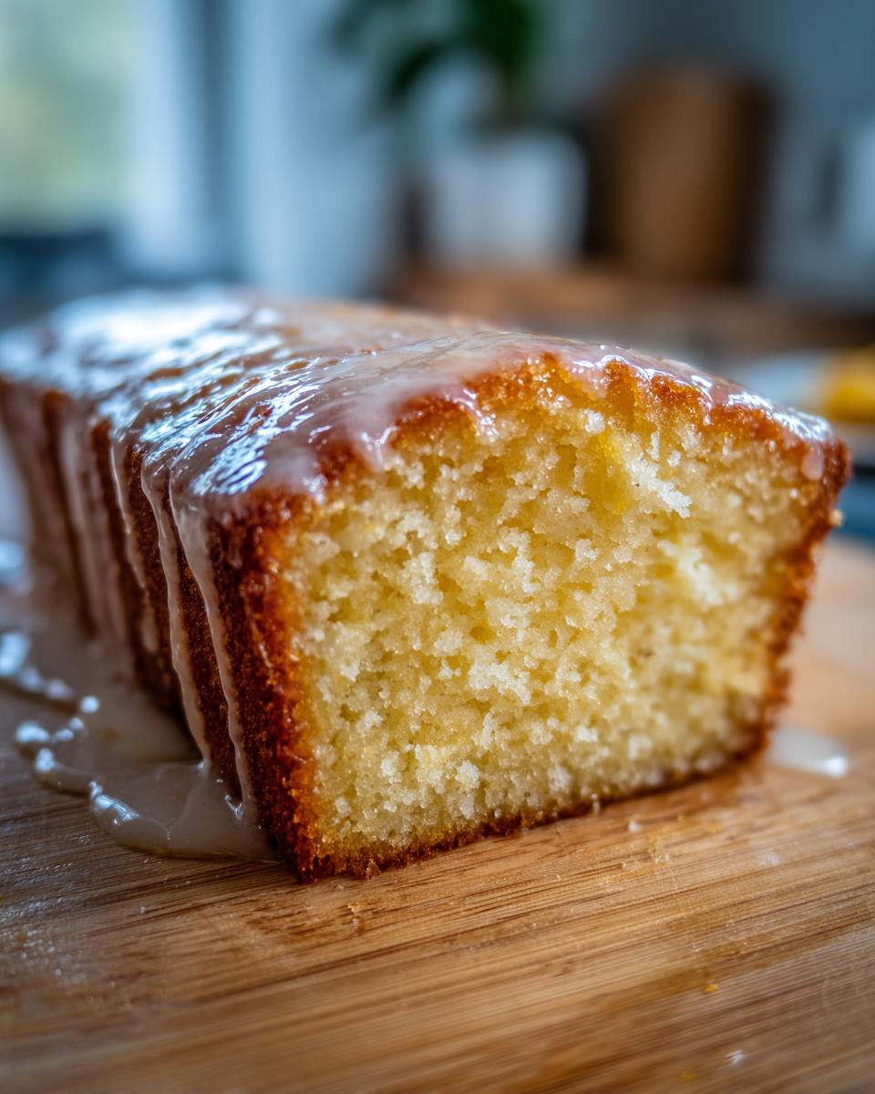 Close-up of a slice of moist Bacardi rum cake with a thick, dripping rum glaze on a wooden cutting board.