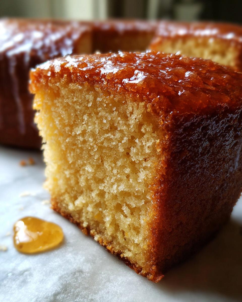 Close-up of a moist slice of Bacardi rum cake showing its dense crumb and shiny, sticky rum glaze topping.