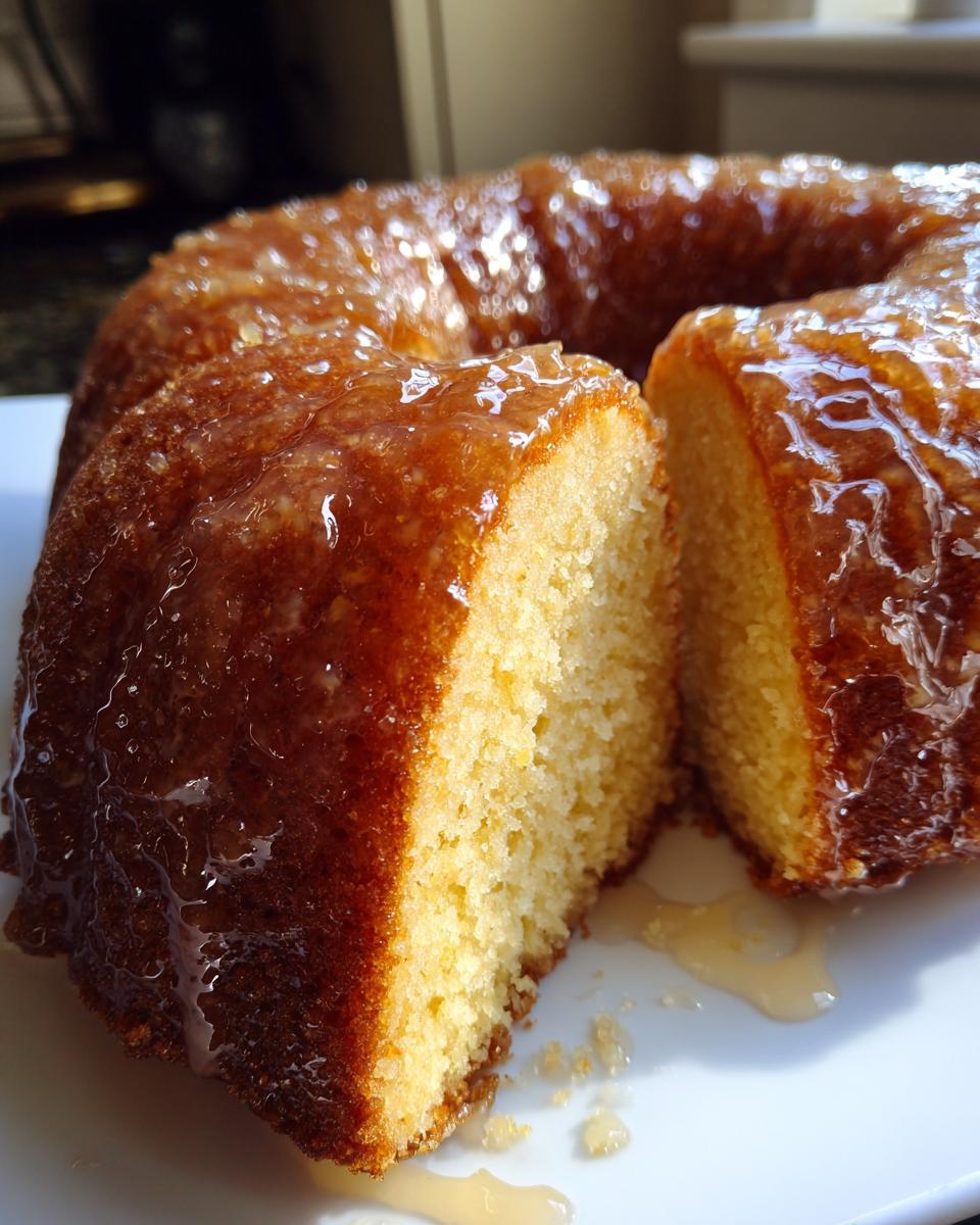 A moist, golden Bacardi rum cake with a thick, shiny rum glaze, featuring a slice cut out to show the crumb.