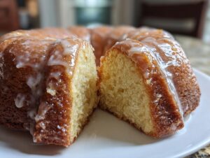A moist Bacardi rum cake, sliced in half to show the crumb, covered in a shiny rum glaze.