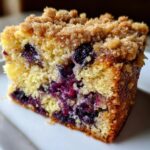 Close-up of a moist slice of blueberry breakfast cake featuring a rich crumb topping and visible blueberries throughout the yellow cake.