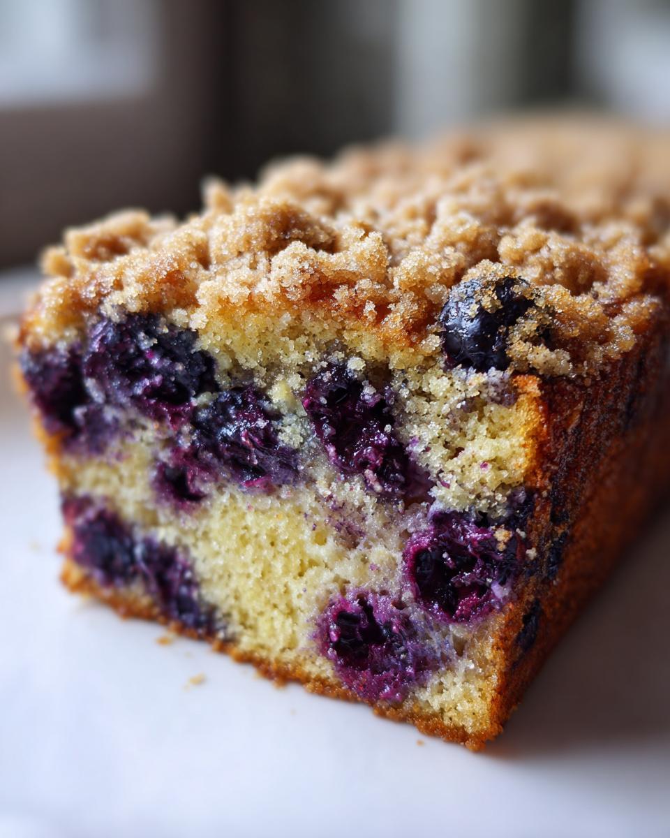 Close-up of a moist blueberry breakfast cake slice showing bright purple blueberries and a sugary crumb topping.