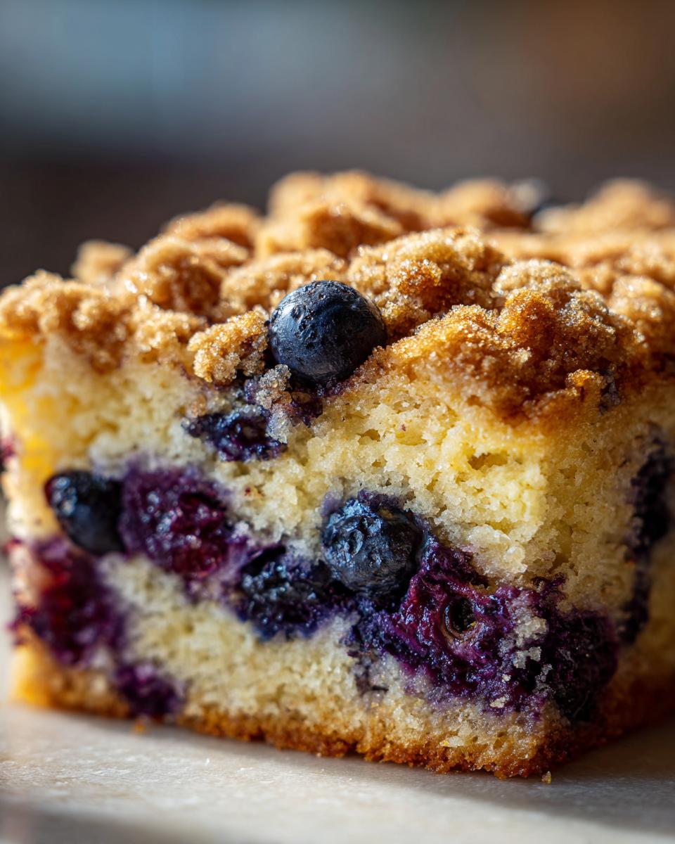 Close-up of a moist slice of blueberry breakfast cake topped with a sugary cinnamon streusel topping.