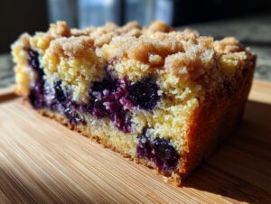 Close-up of a moist blueberry breakfast cake slice showing rich purple blueberries and a sugary crumb topping.
